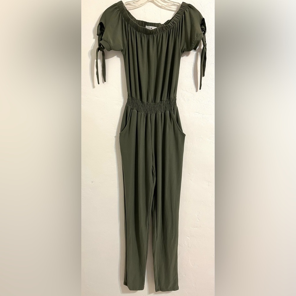 Derek Heart Olive Green Smocked-Waist Jumpsuit Pockets Buttersoft
